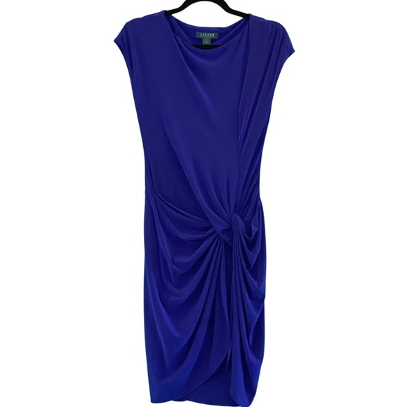 Lauren Ralph Lauren Cap Sleeve Boat Neck Draped Skirt Purple Jersey Dress Size 4 - Picture 4 of 7